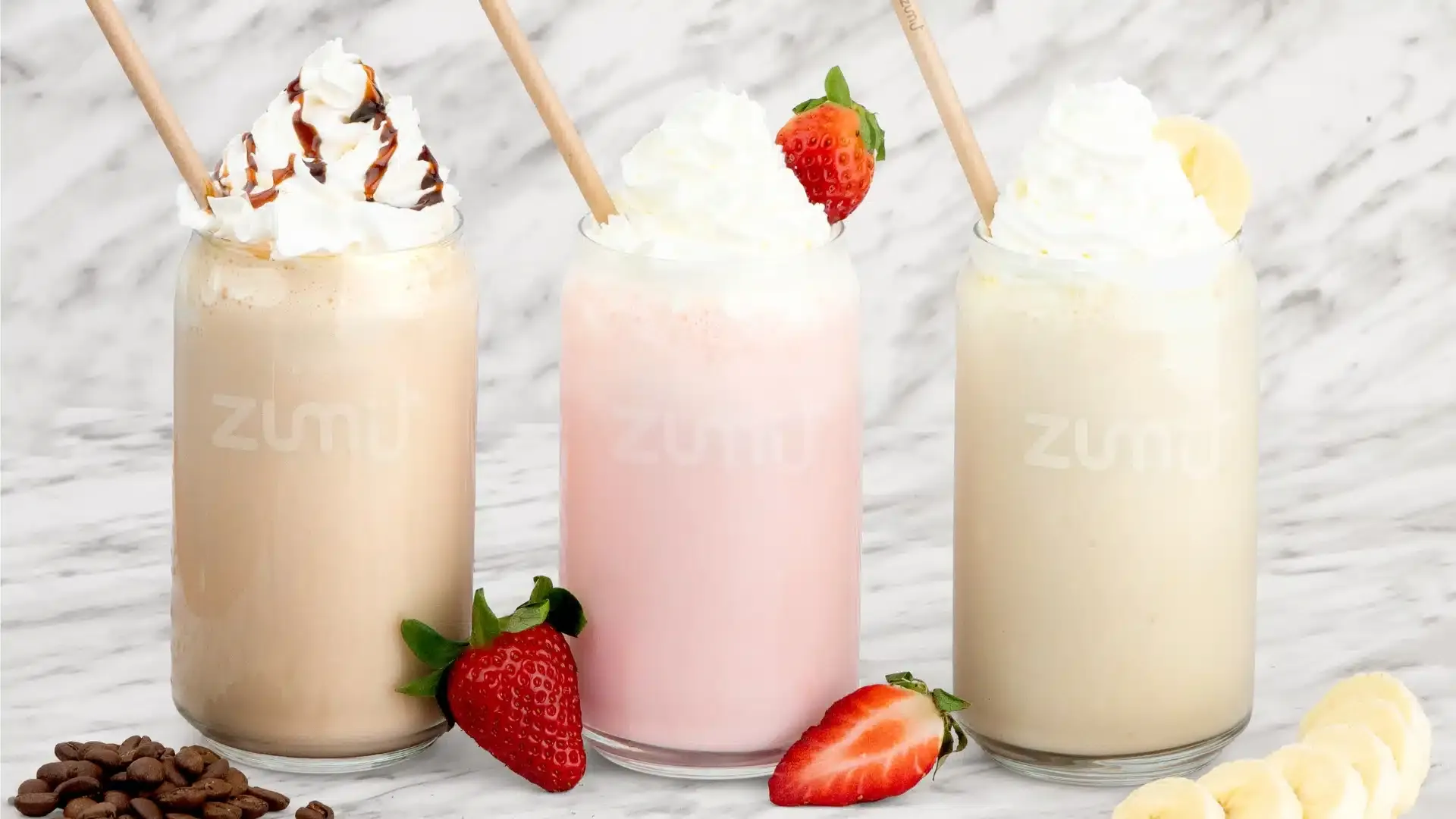 Frappés milkshakes de Zumit: Mocha, Salted Caramel, Cookies & Cream.